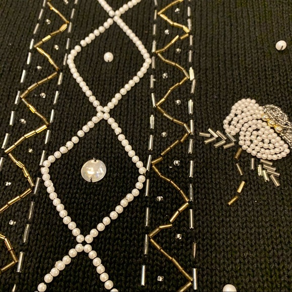Vintage Beaded Knit Mock Neck Holiday Winter Sweater Victoria Jones Black Silver - Picture 5 of 15